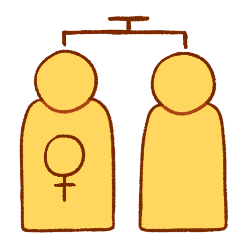  A drawing of two generic emoji yx  ellow people standing next to each other. The person on the left has a large female symbol on their torso. Above them is a dark brown line with a line down to each of them, with another, shorter connected line above it, reminiscent of a family tree.